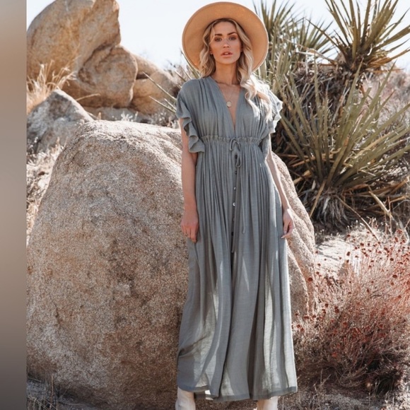 Heather Grey Boho Gauze Button Front Flutter Sheer Maxi Dress W/Adjustable Waist - Picture 2 of 7